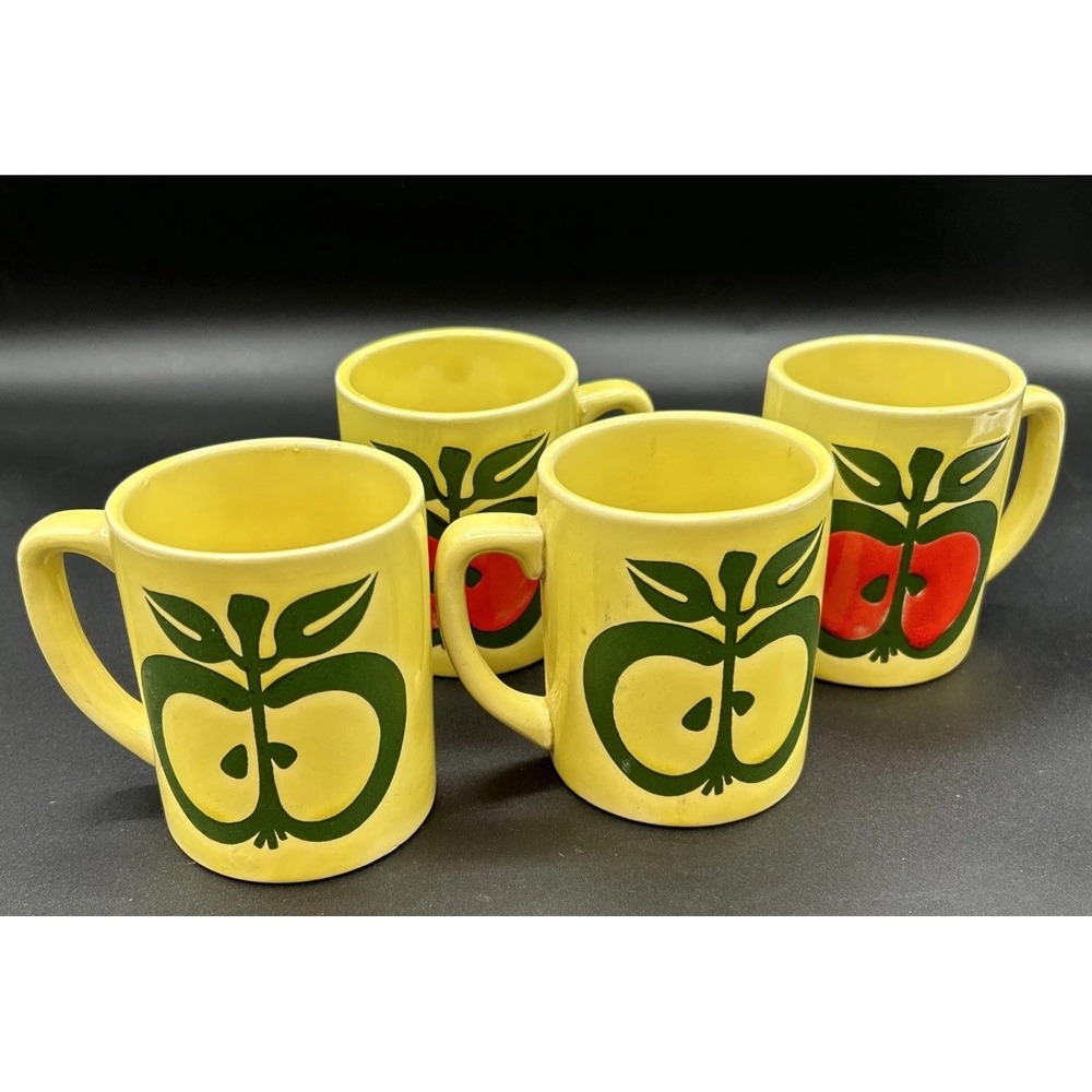 4 Vintage Enesco Retro Coffee Mugs MCM Apple Yellow Red Japan E-1190 70s